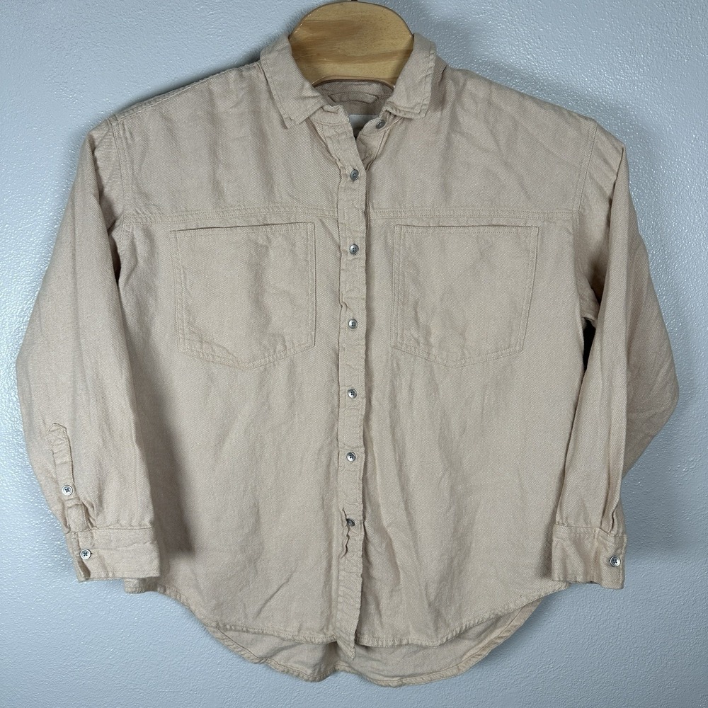 Aerie Flannel Shirt Womens Size Small Oversized Metal Button Up Beige Cotton